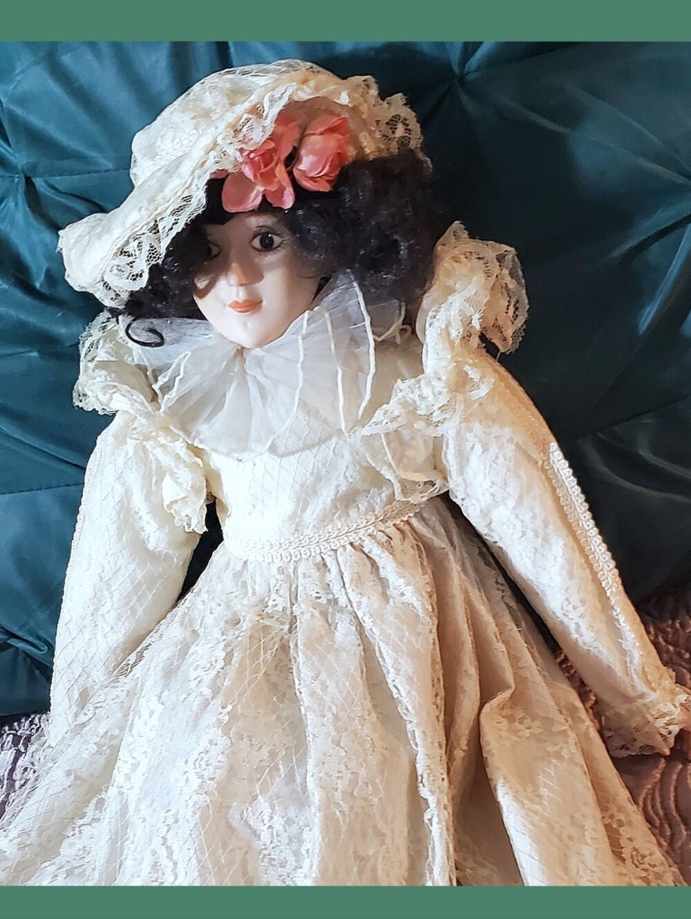 Vintage Porcelain Doll in Cream Lace Dress with Pink Flower Hat